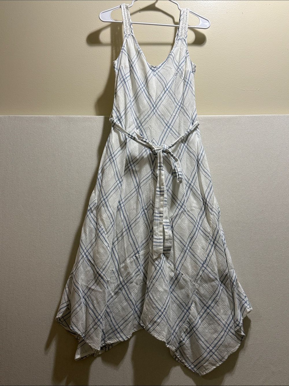 LC Lauren Conrad Cream and Blue Plaid Handkerchief-Hem Maxi Dress